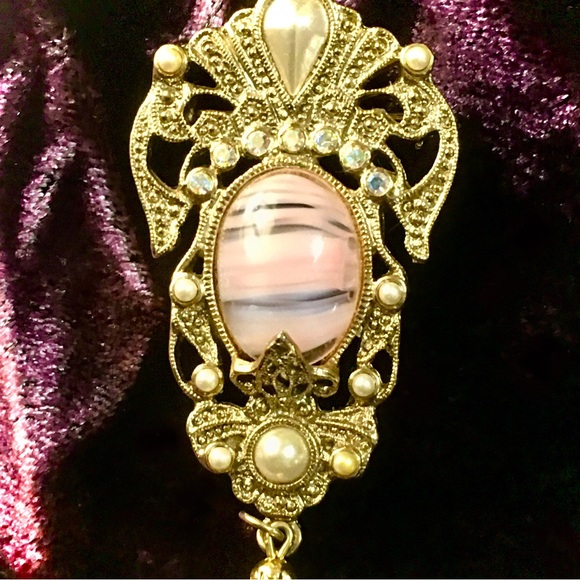 VINTAGE DROP PEARL & AGATE RHINESTONE GOLD-TONE CLIP EARRINGS & BROOCH GORGEOUS! - Picture 4 of 10